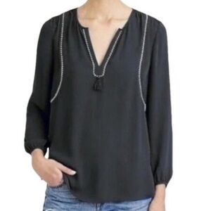 J. Crew black blouse 8 tassel rope trim semi-sheer